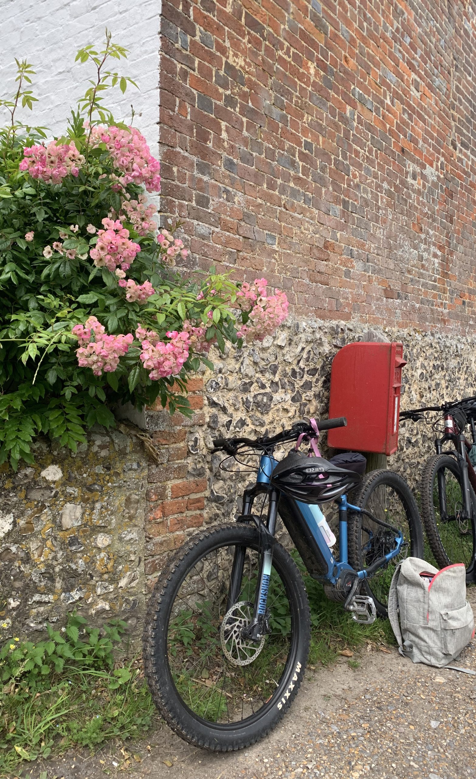 corporate team building bike ride, picturing blue ebike next to a village stone wall and red postbox and flowers