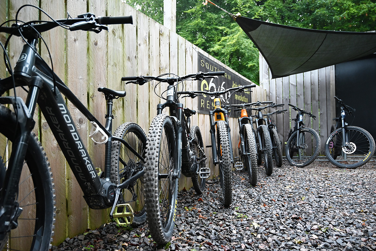 Low angle shot of selection of eBikes for corporate group hire